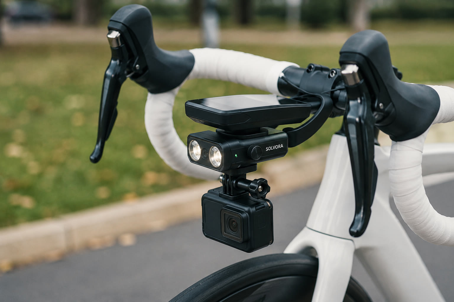 Stack 1500 on a road bike with a computer above and an action camera mounted underneath