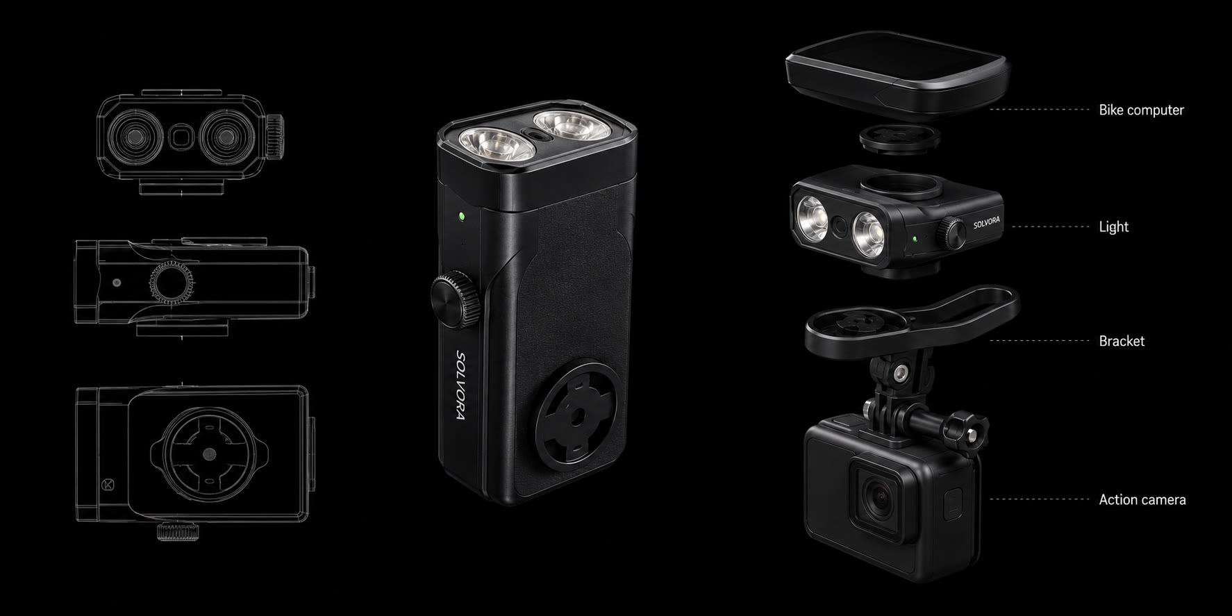 Stack 1500 line drawings, product view, and the computer, light, bracket and action camera stack